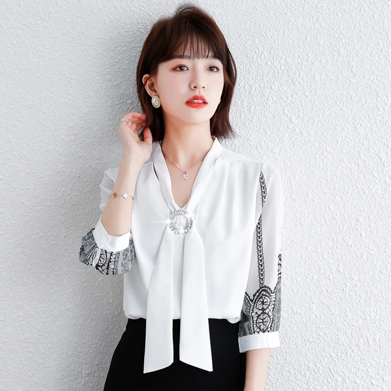 2023 New Summer Fashion Shirt Middle Sleeve Chiffon Women's White Pure Diamond Girls Casual Wear F017