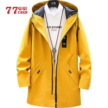 Мужской Тренч с капюшоном, осень-весна, Повседневная Длинная куртка, пальто, Мужская однотонная ветровка с карманами, Свободный Длинный Тренч, куртки для мужчин, Размер 3XL