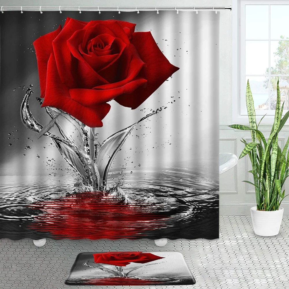 Red Rose Shower Curtain With Bath Mats Set Romantic Floral Blossom Reflection Bathroom Non-slip Carpet Black Grey Door Mat Decor