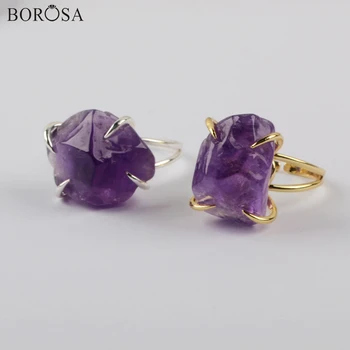

New Gold/SIlver Plated Raw Purple Crystal Rings Polished Natural Amethysts Adjustable Rings for Women Party Ring Jewelry ZG0441