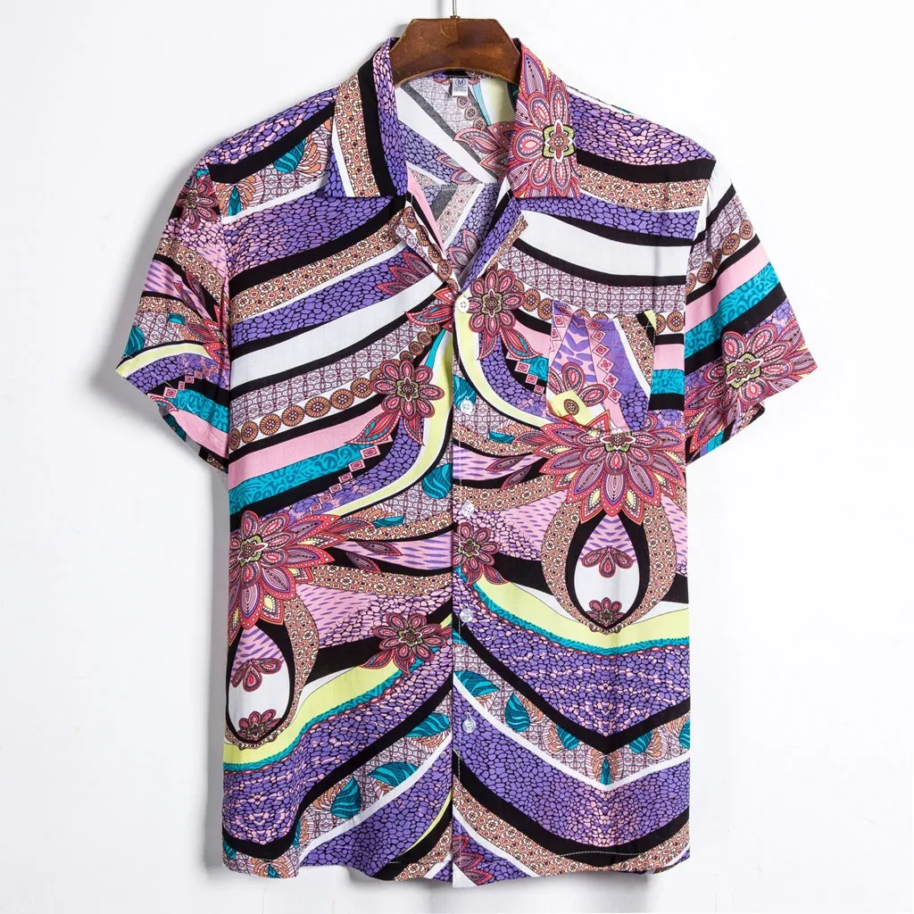 Мужские летние пляжные повседневные блузки, Мужская гавайская рубашка, этническая хлопковая винтажная уличная одежда с коротким рукавом и принтом#1224