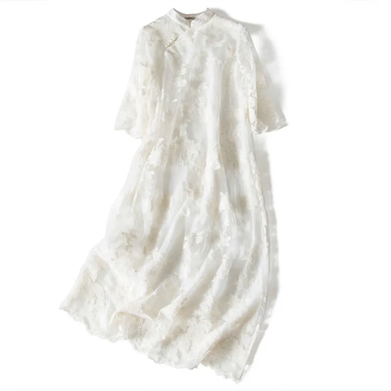

Vintage Summer White Real Silk Dress Women Spring Clothes 2020 Korean Elegant Mesh Lace Floral Vestidos Silk Party Dresses A1119