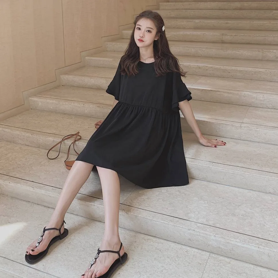 

Photo Shoot Hepburn Wind Classic Black Dress Women's Versatile Elegant Ol Loose-Fit Crew Neck Double Layer Flounced Sleeves Doll