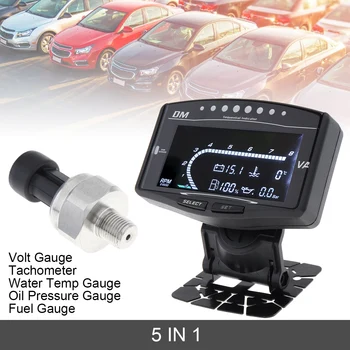 

LCD Electronic Oil Pressure Gauge + Volt Voltmeter + Water Temperature Gauge + Fuel Gauge + Tachometer with Sensor for Car
