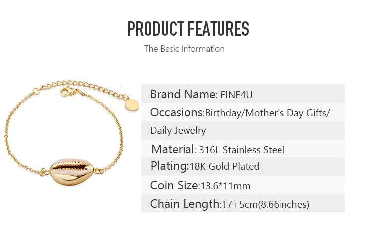 FINE4U B189 богемная оболочка браслет для женщин золотой цвет нержавеющая сталь звено цепи браслеты летние пляжные ювелирные изделия
