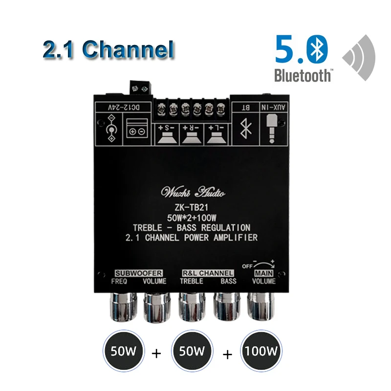 2*50W+100W Bluetooth 5.0 TPA3116D2 Power Subwoofer Amplifier Board 2.1 Channel TPA3116 Audio Stereo Equalizer AUX Class D Amp