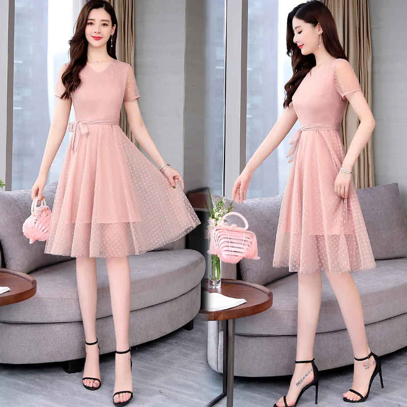 

Sweet Fashion Korean-style Ladies' Simple Solid Color Mesh Dress 2019 Summer