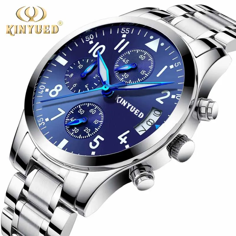 Blue Silver Band1 KINYUED лучший бренд класса люкс кварцевые часы с хронографом Для мужчин Бизнес Водонепроницаемый календарь Для мужчин s часы светящиеся стрелки Relogio Masculino - Цвет: Blue Silver Band1