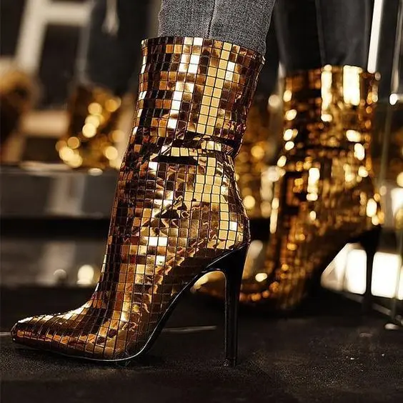 

Fashion Golden Lotus Leaf Sequined Short Stiletto heels Ankle Boots Bling Bling Pointy Toe Sequins Spring Short Boots Shoes