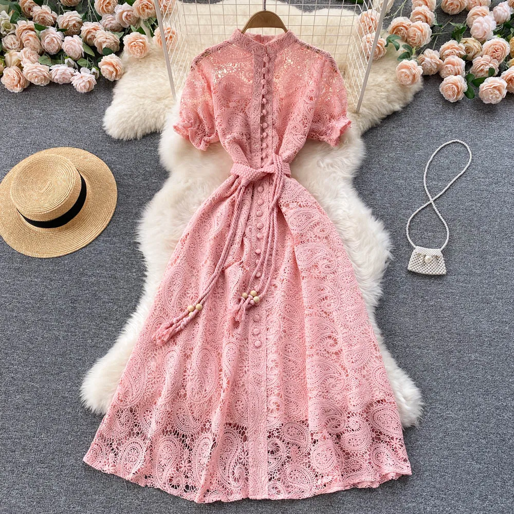 Elegant Puff Sleeve French Lace Dress 