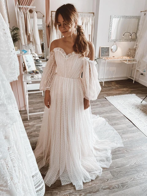 Bohemian Wedding Dresses Princess Juliet Sleeves Long Off the Shoulder  Pleated Chiffon A Line Boho Bridal Gowns Custom Size