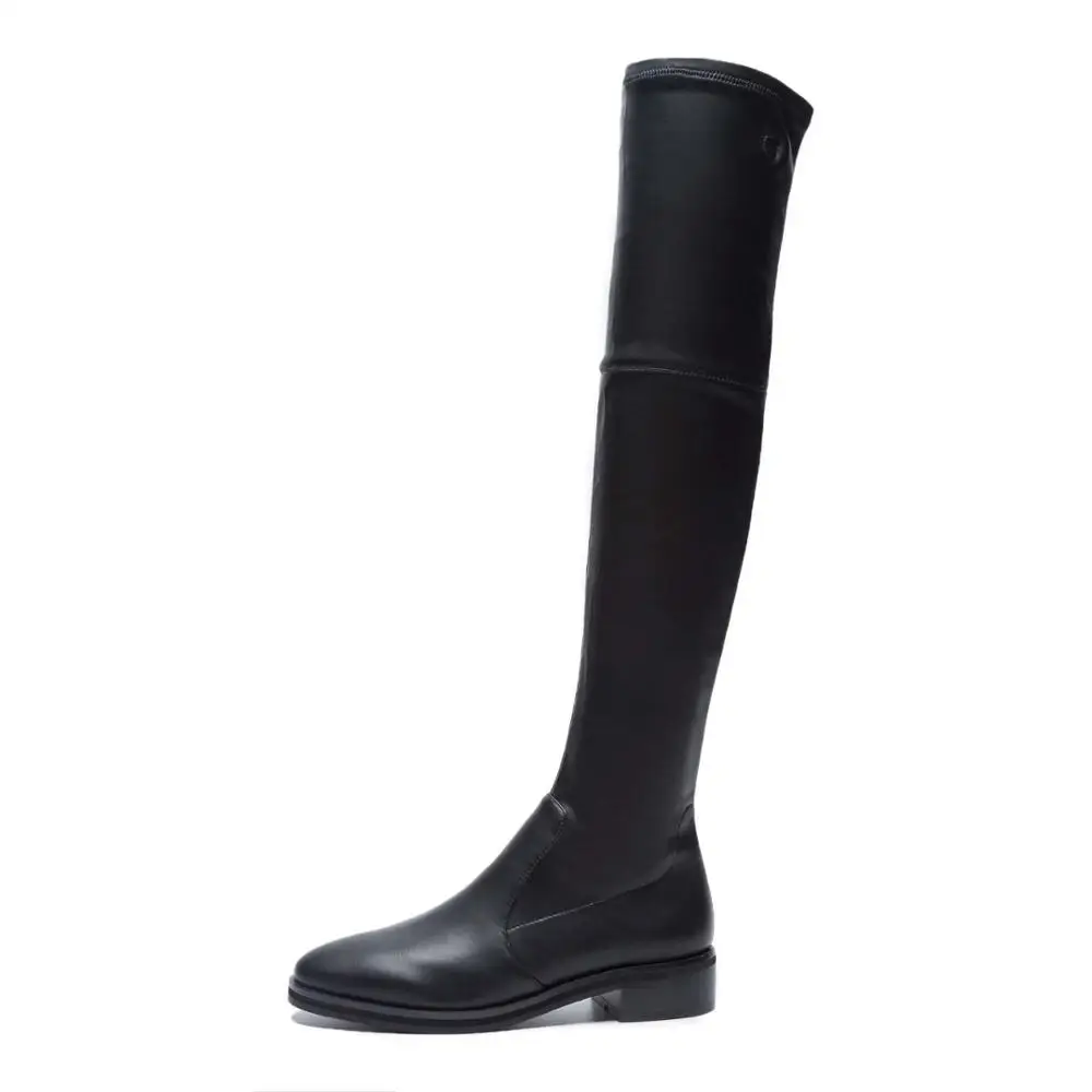 black cow leather Dilalula/; растягивающиеся сапоги из коровьей кожи и замши; женские сапоги с высоким голенищем на тонкую ногу; женские роскошные кожаные вечерние сапоги для верховой езды на низком каблуке - Цвет: black cow leather