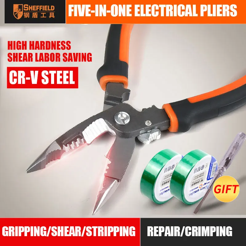 

SHEFFIELD 8 inches 5 in 1 Pliers Multifunctional electrician needle nose pliers Wire Stripping Cutter Crimping pliers S035057
