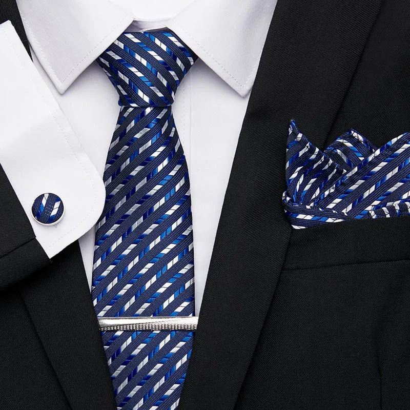 

Classical Striped 7.5cm Tie For Mens 100%Silk Necktie Hanky Cuffline Tie Clip Gift Set Jacquard Men Tie Business Men Tie Set