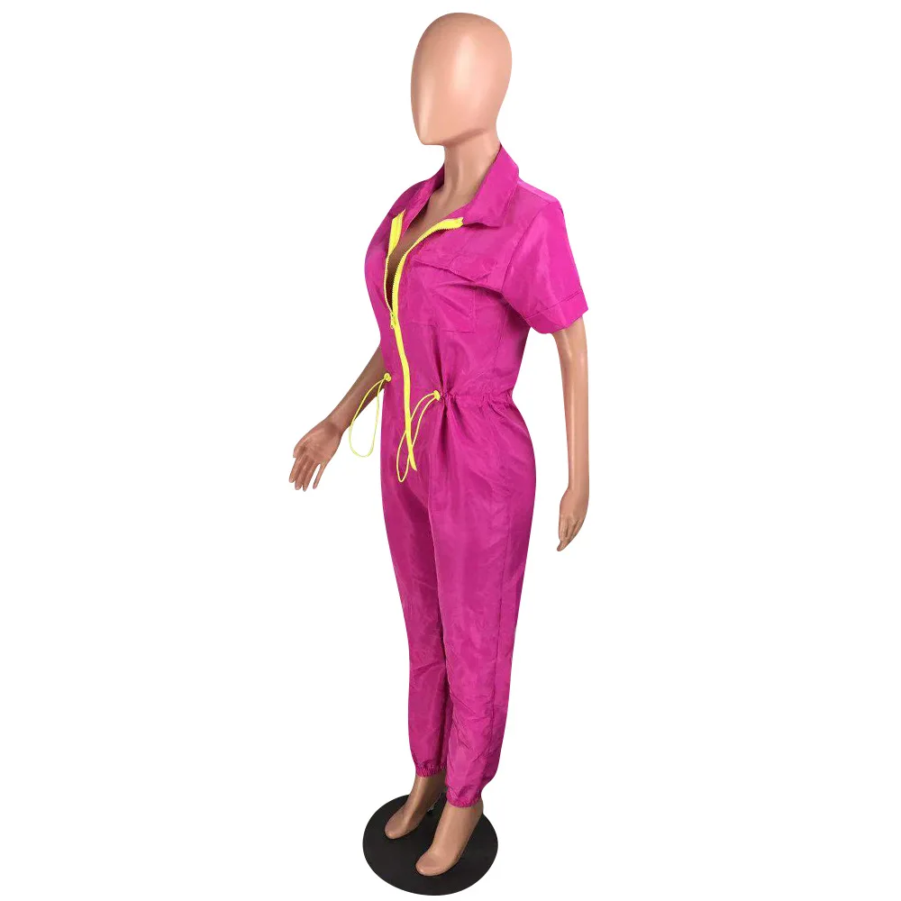 HAOYUAN Casual Short Sleeve Jumpsuit Fall Tracksuit Zip Turn Down Collar Fashion One Piece Outfit Rompers Womens Jumpsuit