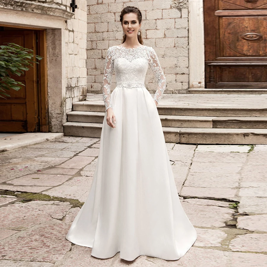 Элегантные Свадебные платья с карманами с длинными рукавами и круглым вырезом кружевное сатиновое свадебное платье невесты Vestido De Novia