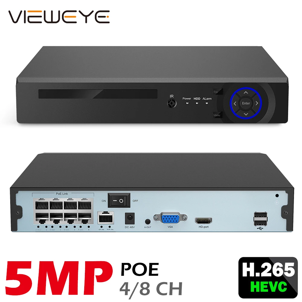 Камера видеонаблюдения ViewEye H.265 H.264 4/8 каналов POE NVR IP P2P ONVIF 2 МП/5