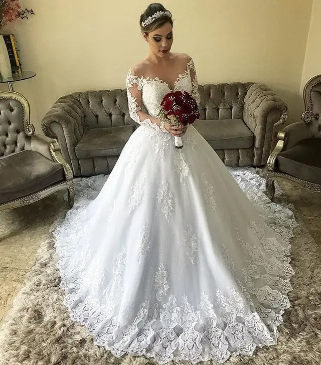 Vestido De Novia Sexy Long Sleeve wedding dresses Lace Applique Wedding Gowns Court Train Button Cover Back bridal dresses