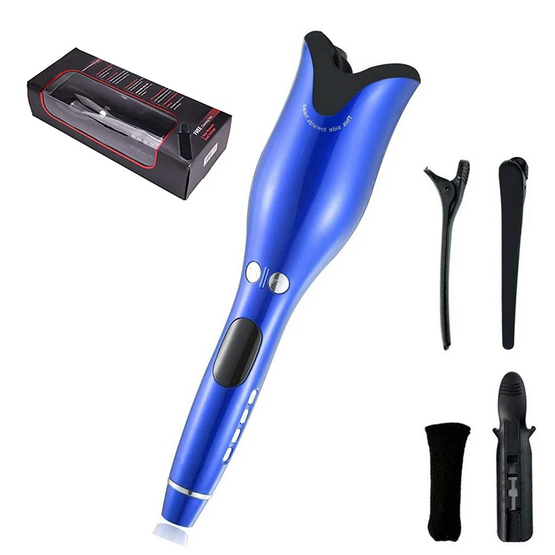 Blue with box Автоматическая Плойка для завивки волос, палочка для завивки волос, 1 дюйм, вращающаяся Волшебная Плойка для завивки волос, инструменты для салона, титановые Автоматические щипцы для завивки волос - Цвет: Blue with box