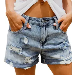 2019 летние женские повседневные Синие рваные шорты женские свернутые карманы для запонок джинсовые шорты потертые шорты больших размеров