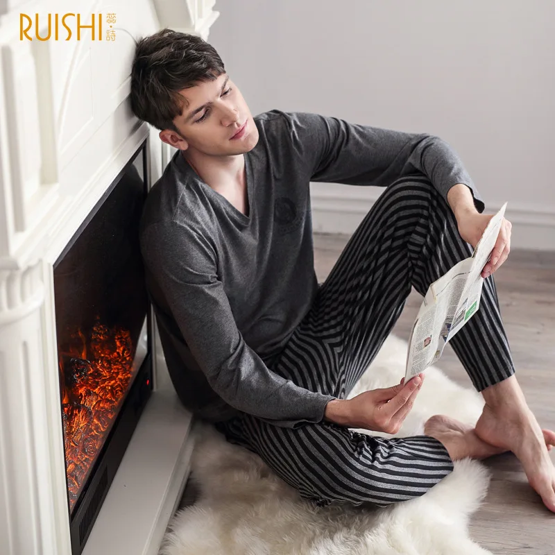 Gray pijama hombre Pajamas men's spring autumn modal Cotton V-neck long-sleeved striped loose Fit Super Soft Suit Underwear