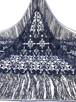 

(5yards/pc) High quality African velvet net lace navy blue Nigerian party lace fabric with gorgeous sequins tassels FZZ740