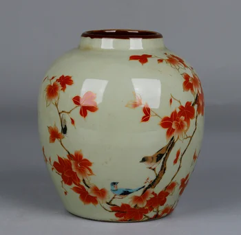

6.3" Chinese Porcelain Red Glaze Maple Leaf Tree Flowers Birds Jar Pot Kettle