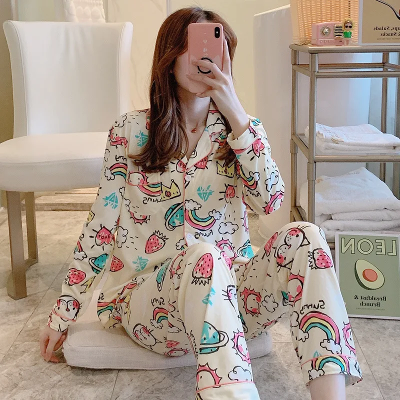Женские пижамные комплекты Осенний удобный хлопковый пижамный комплект с