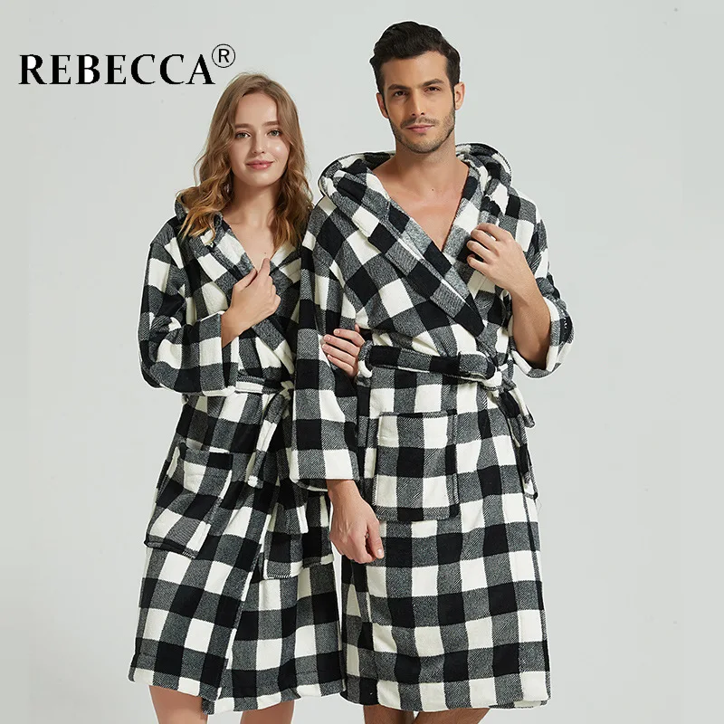 Autumn Winter Flannel Bathrobe Men Women Plaid Hooded Medium Length Dressing Gown Pajamas Male Bridesmaid Robes with String | Мужская