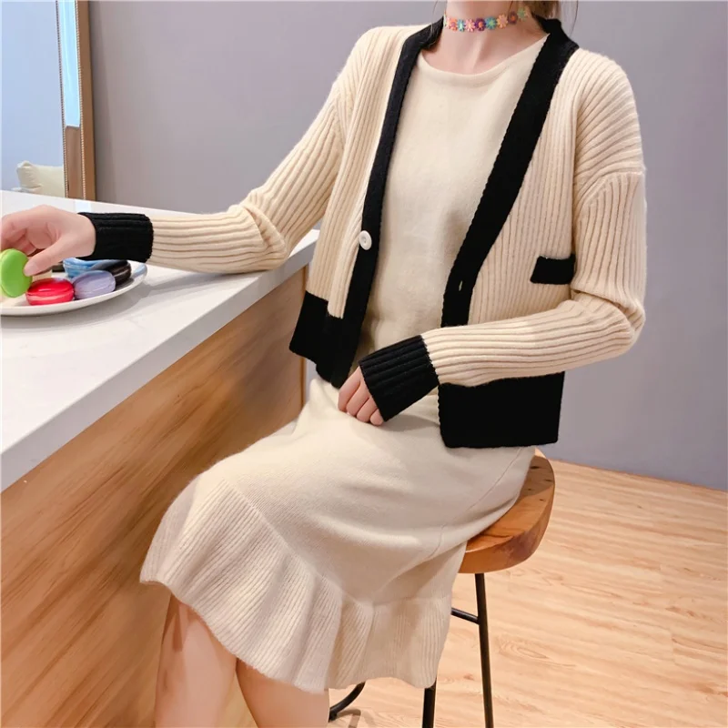

Luxury high quality Suspender Vest Dress + women Cardigan 2pcs Suits 2019 winter Office Ladies Elegant Knitting Clothing Sets