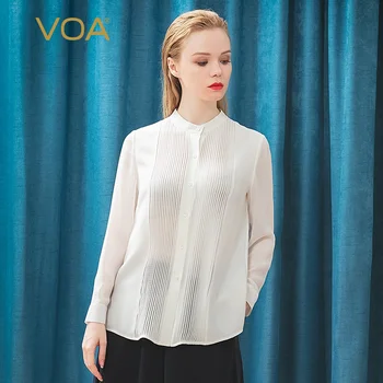 

VOA Silk 34 mmmi Heavy Layer Joe Semi-high Neck bump tuck stitching Joe's shirt sleeve open white shirt B9286