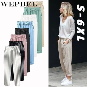 

WEPBEL Cropped Pants New Women's Trousers Cotton Linen Hip Hop Loose Harem Pants Plus Size S-6XL