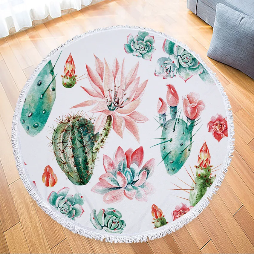 

Cactus Floral Round Beach Towel Flowers Thick Shower Bath Towels Microfiber Summer Swimming Circle Mat Towels 150cm With Tassels