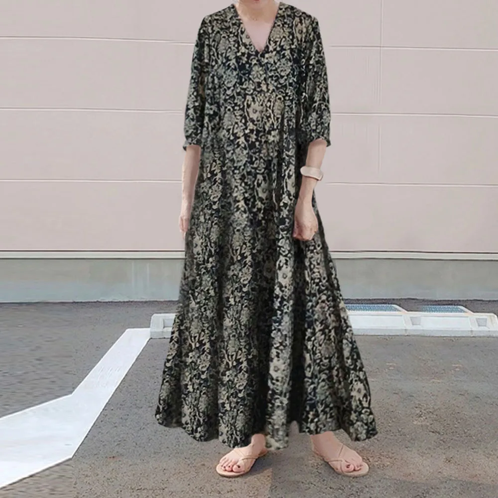 

Floral Dress Female Summer Autumn Retro Temperament Gentle Wind Black Long Dresses V Neck Three-Quarter Sleeve Casual Robe