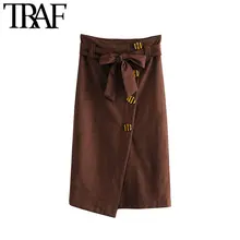TRAF, женская, винтажная, стильная, искусственная замша, нерегулярная, миди юбка, модная, галстук-бабочка, пояс, пуговицы, офисная одежда, юбки, Faldas Mujer