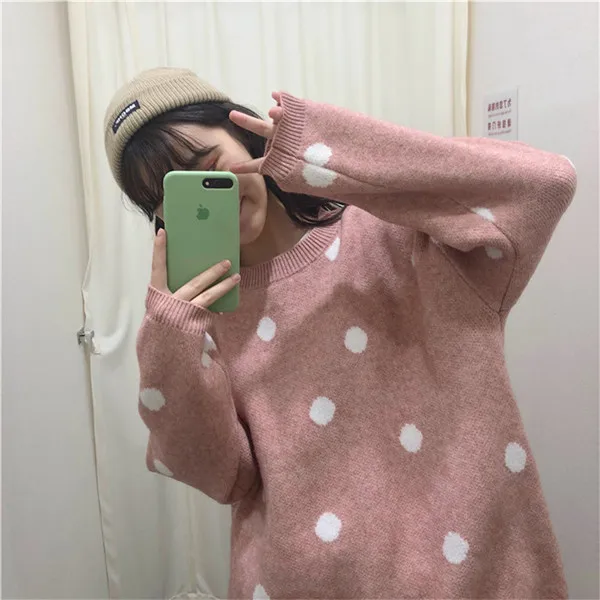 Розовый RUGOD Модный женский свитер с принтом в горошек, Harajuku, Повседневный, Осень-зима, теплый, утолщенный, пуловеры для девушек, плюс размер, Свитера 3XL 4XL - Цвет: Розовый