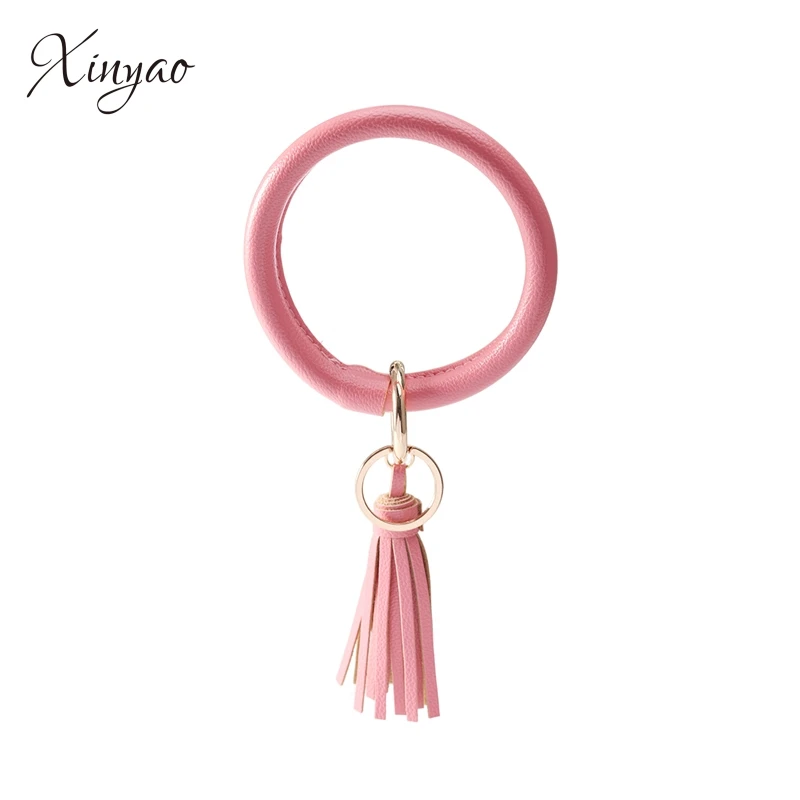 pink color 2 Многоцветная цепочка для ключей из искусственной кожи с круглым вырезом на заказ, браслет-браслет с кисточкой, брелок для женщин и девушек, массивное ювелирное изделие - Цвет: pink color 2