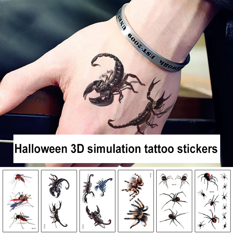 3/1Pcs Halloween Tattoo Sticker Scary Spider Scorpion Mosquito Simulation Funny Festival Suppli |