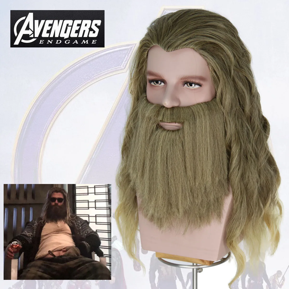 

Role Play Movie Long Curly Golden Brown Hair with Mustache Fat Thor Men Halloween Cosplay Costume Wigs