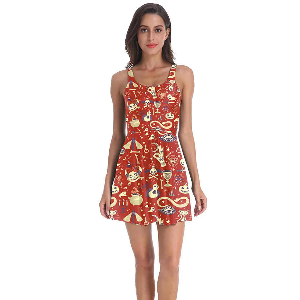 

Summer 2019 Hot Sale Halloween Women's Sleeveless O Neck Printing Lady Off Shoulder Puls size Vintage Fashion Party Dress