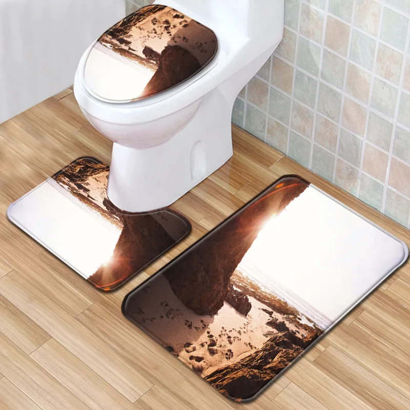 

Beach Scenery Bathroom Cushion 3 sets Bathroom Carpet Toilet Cushion Set Door Cushion Bathroom Non-slip Pad