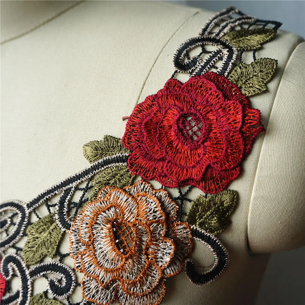 Вышитая Красная роза цветок ткань воротник лист платье Аппликации нашивка на одежду лес стиль для свадебного украшения платье DIY