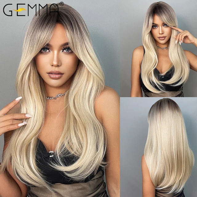 GEMMA Long Wavy Ombre Brown Purple Synthetic Wigs for Women Heat Resistant Natural Middle Part Cosplay Party Lolita Hair Wigs LC5227-1