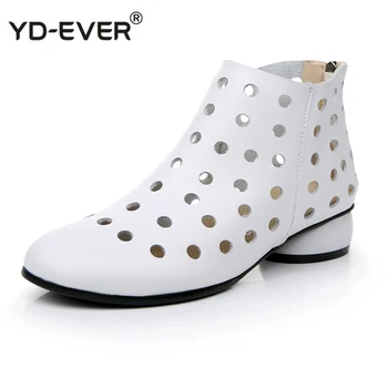 

2020 Summer Ankle Boots Genuine Leather Shoes Women Med High Heel Back Zipper Boots Cutout breathable Mujer Zapatos