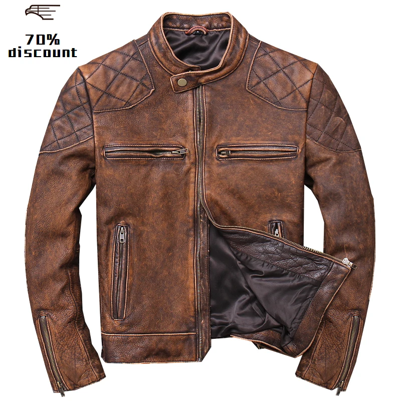 

2020 Vintage Brown Men Short Biker's Leather Jacket Plus Size XXXL Genuine Cowhide Spring Slim Fit Motorcycle Coat FREE SHIPPING