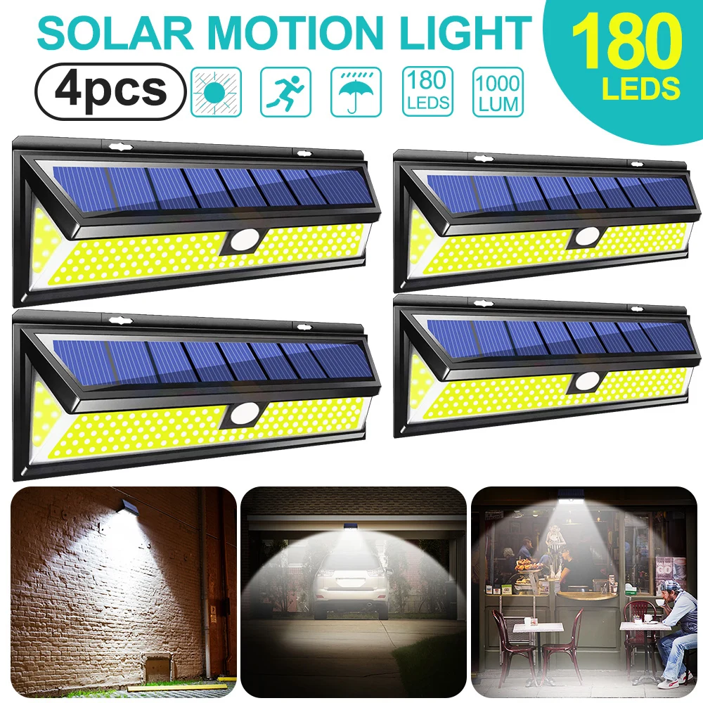 4pcs 180 LED Junejour180 светодиодный датчик движения солнечной энергии COB 3 режима Открытый сад ярд водонепроницаемый энергосберегающий путь Солнечная настенная лампа - Испускаемый цвет: 4pcs 180 LED