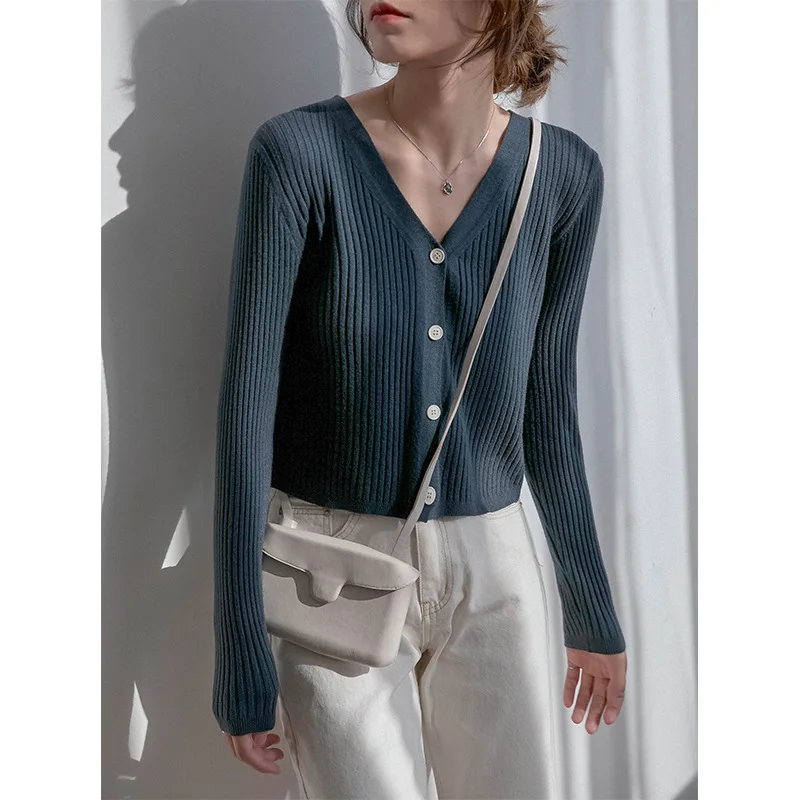 2020 однотонные короткие ребра женский трикотажный кардиган из полиэфира и хлопка