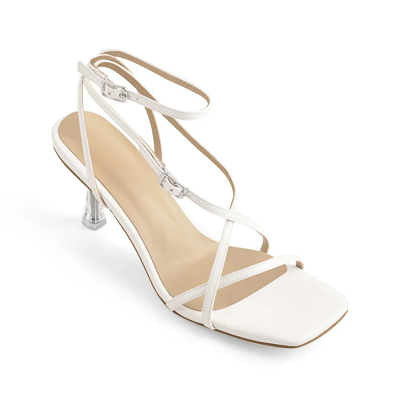 

Richealnana Square Toe Sandals Womem Matte White Ankle Buckle Cross-tied Transparent Metal Heel Office Wedding Party