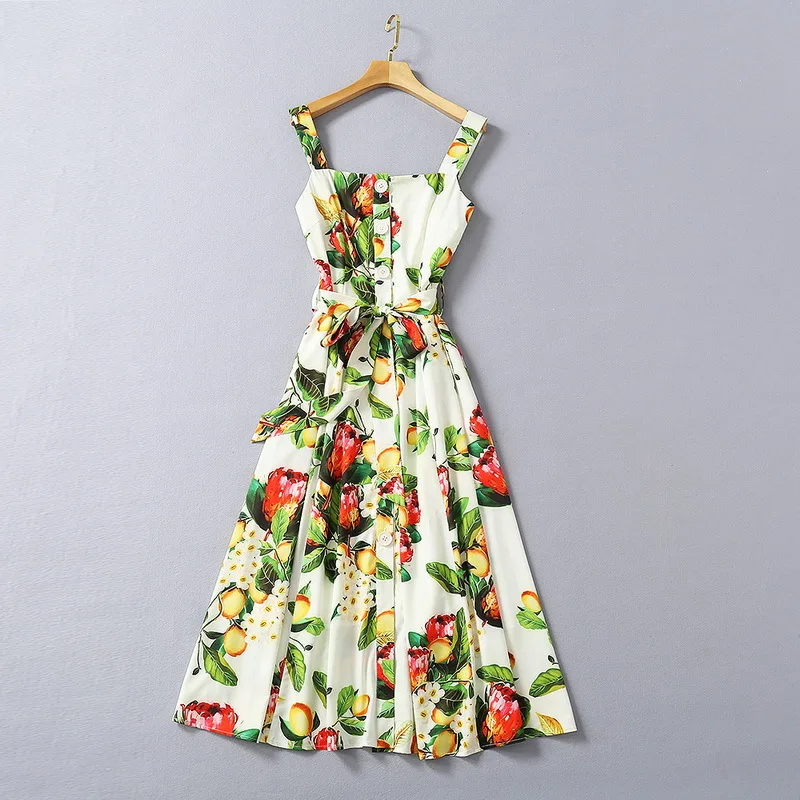 

European and American women's clothing new 2021 spring Condole belt lace-up Fashion lemon print dress