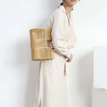 

Fashion Women Bamboo Handmade Bag Large Nest Basket Hollow Tote Oval Beach Bag (With Scarf)